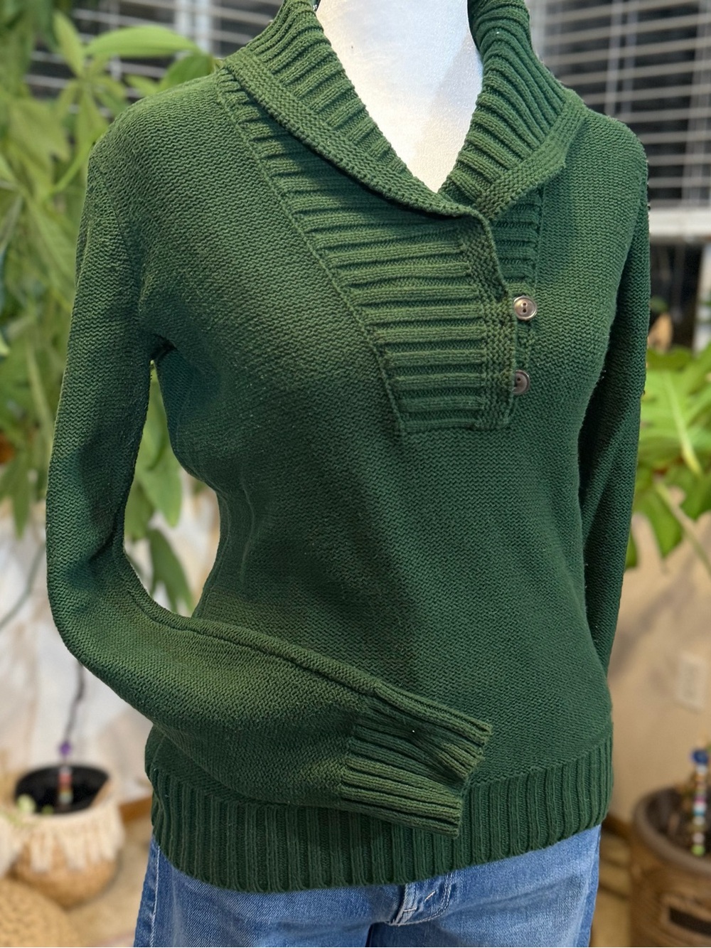 Lauren Jeans Co Ralph Lauren Sweater M Hunter Green Shawl Collar Cotton Blend - Picture 3 of 11